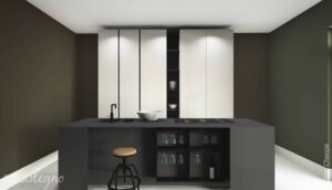 Render van moderne keuken met hoge kastenwand van FB80 Cheope decoratieve plaat met de structuur van piramides in linnenuitstraling met een kookeiland met bargedeelte in mat zwart decoratief plaatmateriaal in de HM07 Piombo van Cleaf