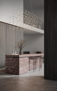 Rendering van een bar uitgewerkt in natuursteendecor FD42 Fiocco van Cleaf en wandafwerking in de LS42 Poro Noce van Cleaf, welke de beleving van walnotenhout geeft.