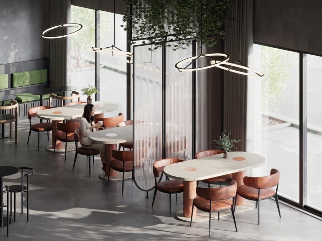 Cafe met tafels en stoelen in solid surface PM8002 Seeded Durasein