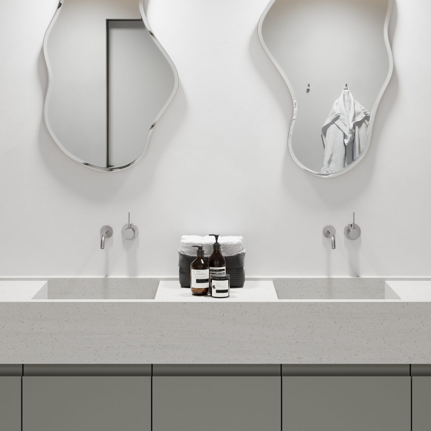 Render van een badkamer, ontworpen in het solid surface decor DM5017 Grigio waarmee je de look van glas-, graniet- of zandsteen korrels beleefd.