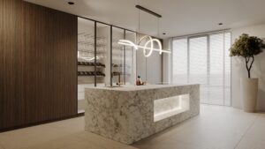 Keuken met hoge kasten in donkerbruin walnoothout LS53 Poro Noce