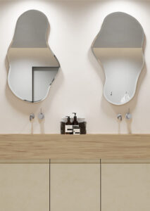 Render van een badmeubel met kalkachtige UB20 Ares van Cleaf en een bovenblad in Durasein® solid surface houtdecor DM5031 Hickory