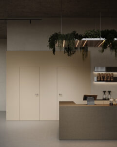 Een render van een horecagelegenheid met een bar uitgewerkt in solid surface decor DM2003 River Bed van Durasein, welke een interessante kleurmelange heeft. De wandafwerking uitgewerkt in het decor UA80 Talco van Cleaf