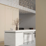Render van een kantoorbalie in het solid surface decor DM5026 Leaden van Durasein, welke vloeiende lijnen laat zien, en wandafwerking in de zachte vanille kleurige UB20 Talco van Cleaf