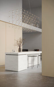 Render van een kantoorbalie in het solid surface decor DM5026 Leaden van Durasein, welke vloeiende lijnen laat zien, en wandafwerking in de zachte vanille kleurige UB20 Talco van Cleaf