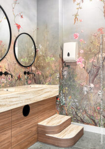 Inspiratiebeeld van een toiletmeubel met meerdere solid surface waskommen Amsterdam in decor DM5002 Weathered Wood naadloos verlijmd.