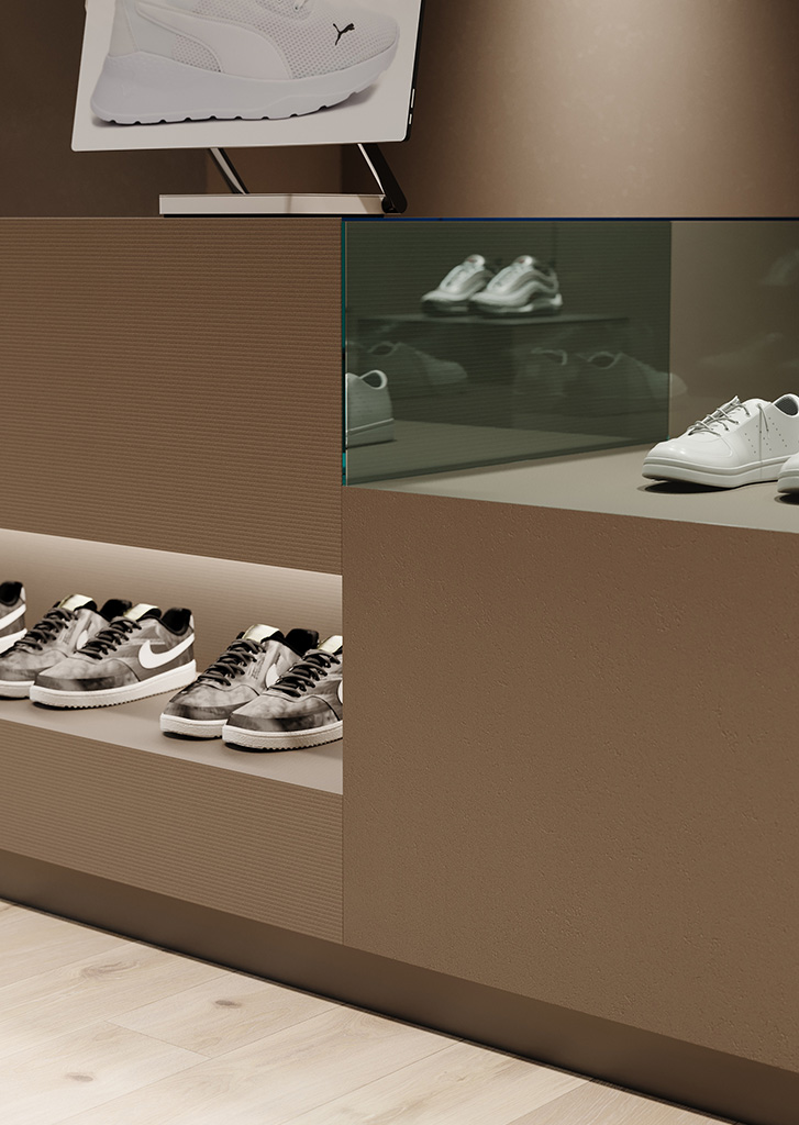 Toonbank en wandkast in decoratief plaatmateriaal in de FD36 Taranta van Cleaf. Een donkerbruin metallic decor met de structuur van gehamerd edelmetaal.