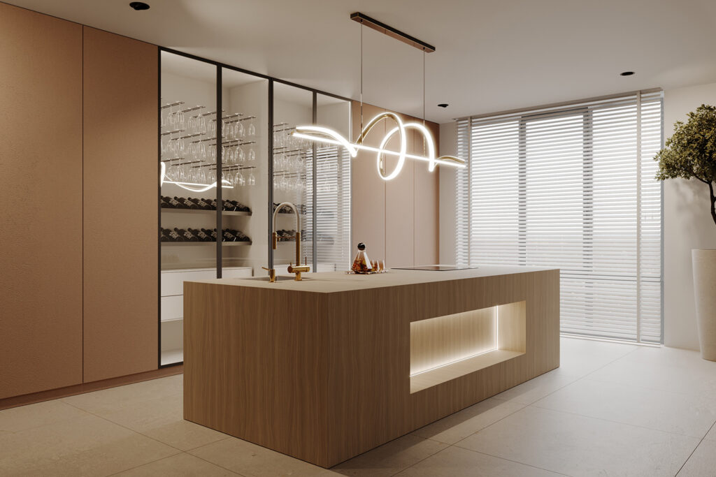 Keuken kasten gemaakt van decoratief plaatmateriaal van Cleaf, de FD37 Taranta, een bronskleurig metallic decor met de uitstraling van gehamerd edelmetaal.