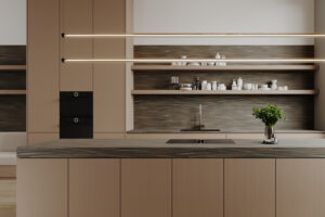 Keuken met fronten in de FD37 Traccia van Cleaf, decoratief plaatmateriaal met een regelmatig ritme van verfijnde lijnen in bronskleurig metallic.