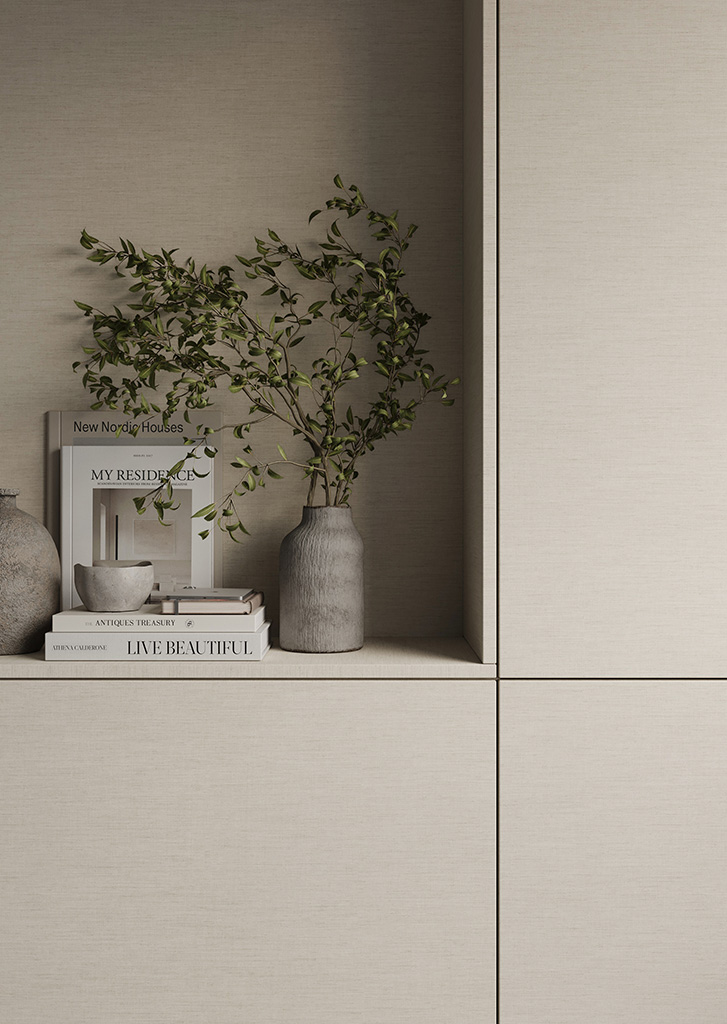 Wandkast in FD47 Alpaca van Cleaf, decoratief plaatmateriaal in geweven textiel in een lichte, natuurlijke off-white.