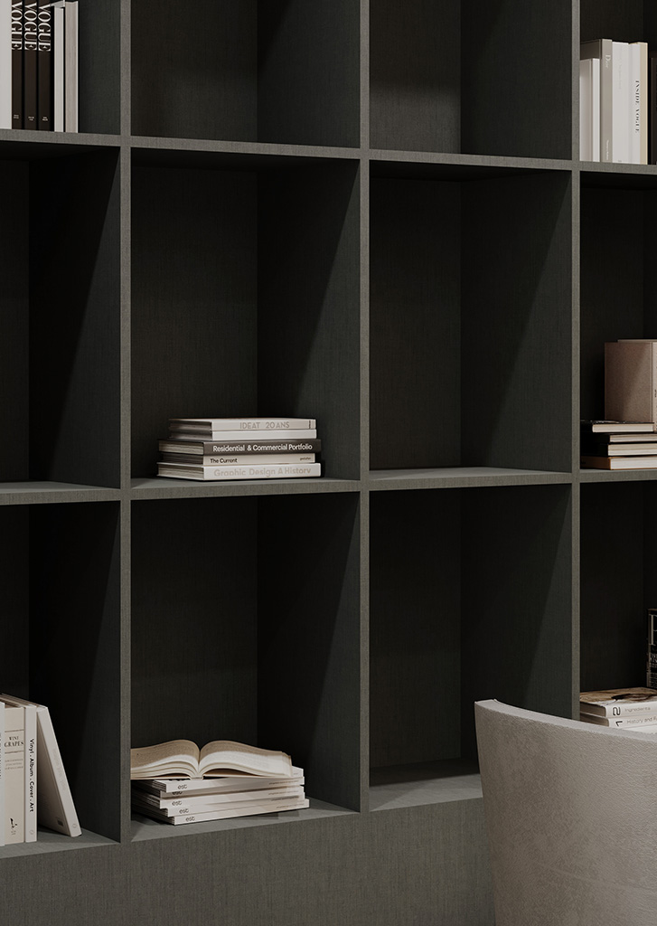 Open wandkast in de FD48 Alpaca van Cleaf, decoratief plaatmateriaal met de look van geweven textiel in een warme donkergrijs.