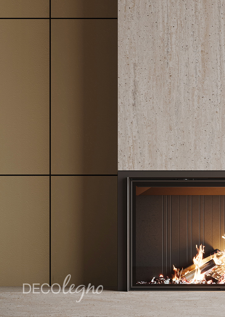 Haard meubel in de FD49 Taranta van Cleaf, decoratief plaatmateriaal in een goudkleurig decor dat door de structuur een patina-achtige uitstraling krijgt als die van gehamerd edelmetaal.