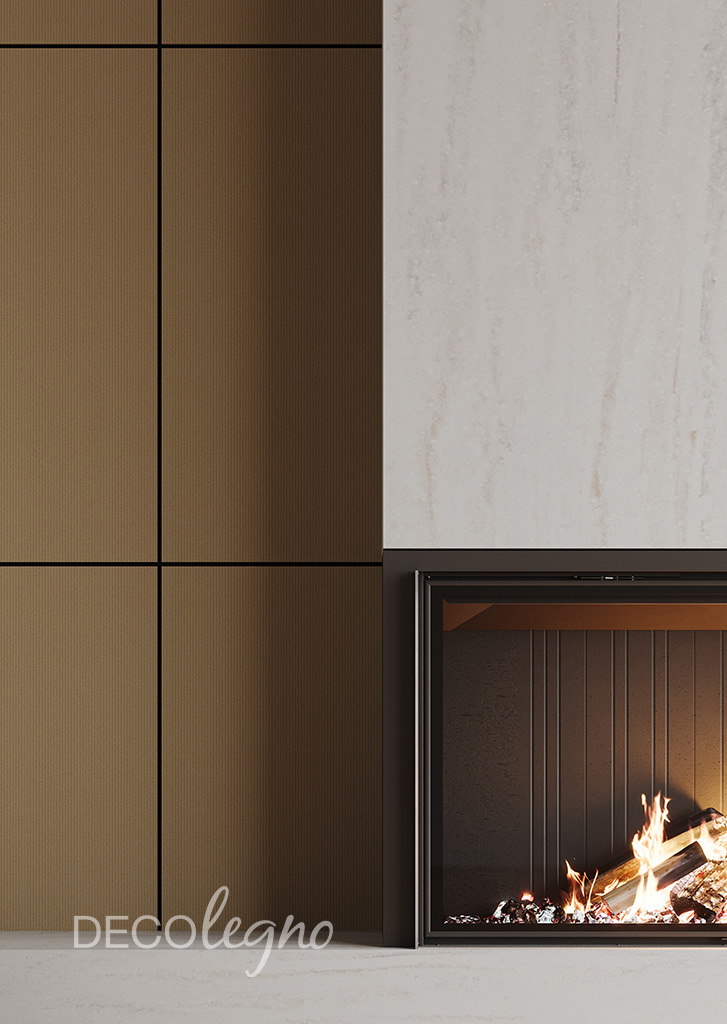 Haardmeubel in de FD49 Traccia van Cleaf, decoratief plaatmateriaal met een regelmatig ritme van verfijnde lijnen in een goudkleurig decor. De haard is gemaakt van solid surface, de DM5001 Niagara van Durasein