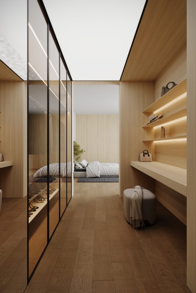 Render van een walk in closet met wandafwerking uitgewerkt in de LS93 Matrice