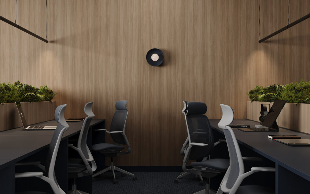 Render van een kantoorruimte met wandafwerking in de LS94 Matrice