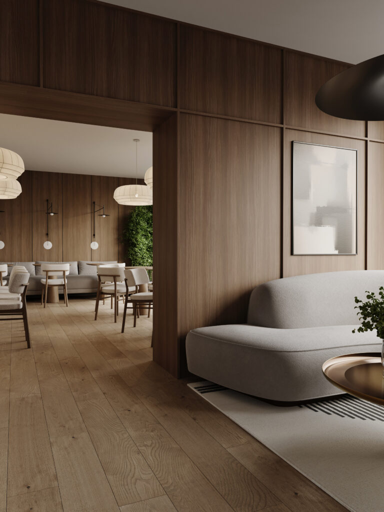 Renderafbeelding van een hospitality ruimte met wandafwerking in de LS95 Matrice