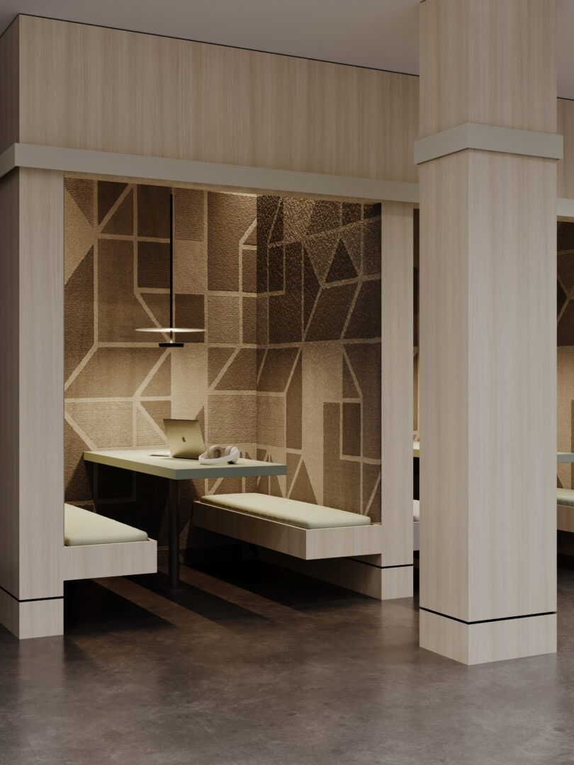 Renderafbeelding van een kantoorruimte waarin de wandafwerking is uitgewerkt in de LS92 Matrice, tafelblad in PM6069 Clover en rand op de muur in HM02 Piombo