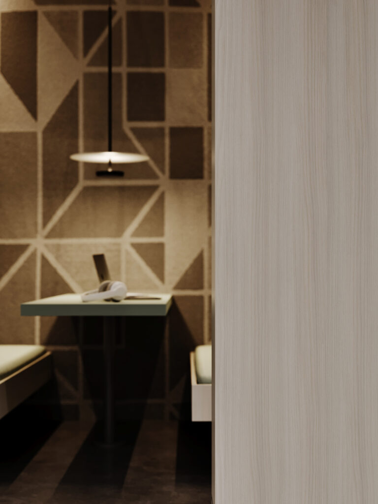 Renderafbeelding van een detailafbeelding van een kantoorruimte waarin de wandafwerking is uitgewerkt in de LS92 Matrice en tafelblad in PM6069 Clover