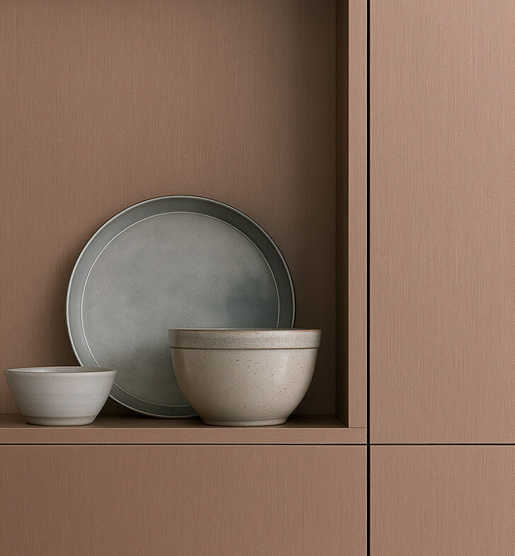 Kast met schap in structuur FD07 Reflex van Cleaf, decoratief plaatmateriaal met een subtiele metallic glansdraad in brons kleur.