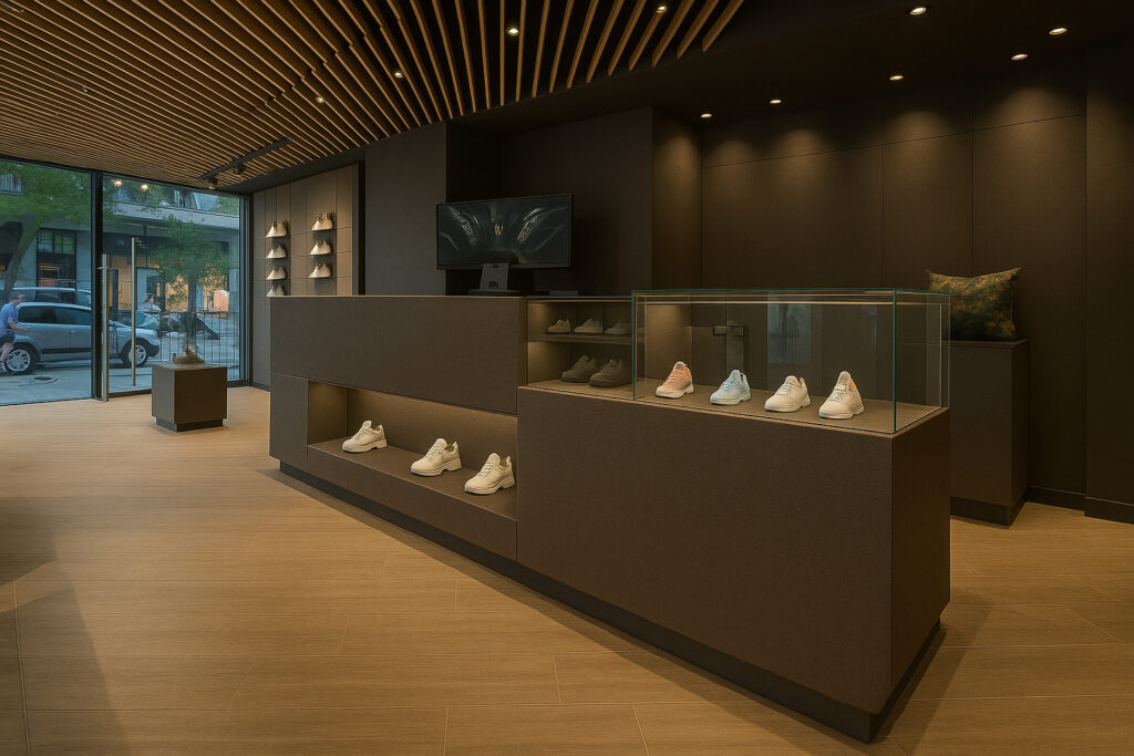 Toonbank en wandkast is sneaker winkel in decoratief plaatmateriaal van Cleaf, de FD36 Primofiore, een leerstructuur in een donkerbruine kleurmelange met een subtiele brons metallic glans.