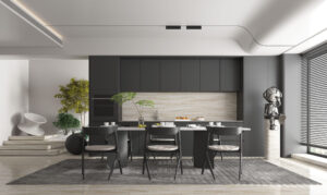 Renderafbeelding van een keuken met een achterwand uitgewerkt in het solid surface decor Weathered Wood van Durasein