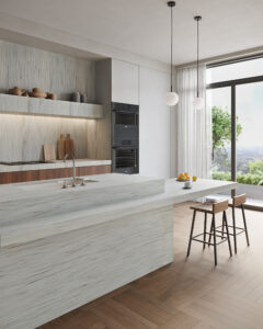 Renderafbeelding van een keuken uigevoerd in het solid surface decor Haromy van Durasein