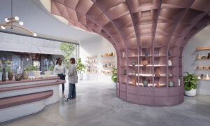 Renderafbeelding van een opvallende wandafwerking in het roze solid surface decor Bohemian van Durasein