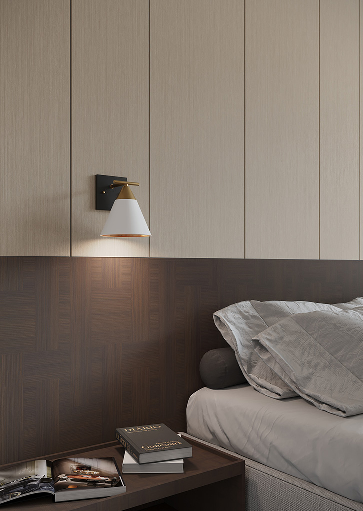 Slaapkamer achterwand in decoratief plaatmateriaal FD06 Reflex van Cleaf. Een fijne verticale glansdraad in de Reflex-structuur in champagnekleur. v