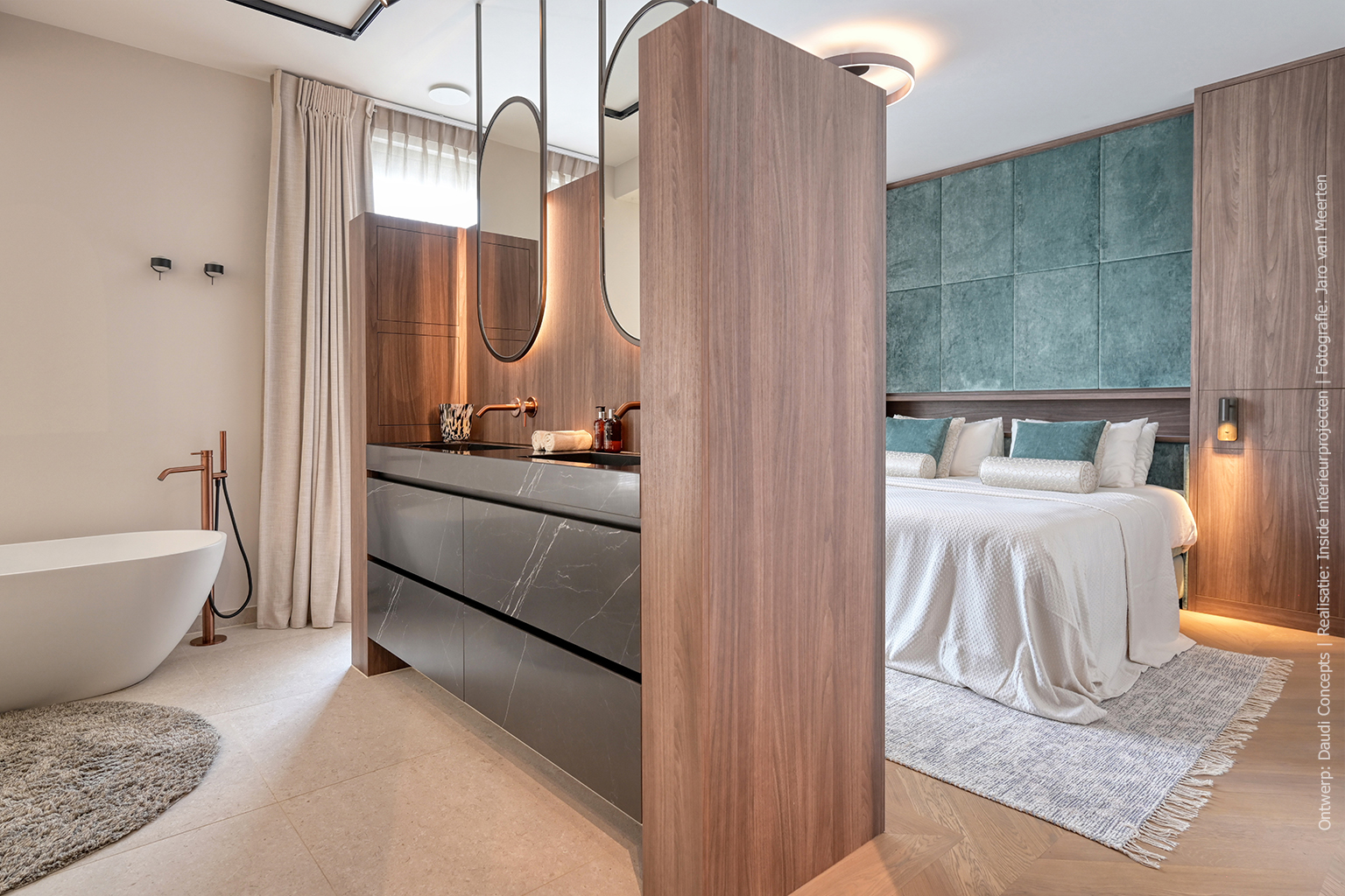 Bedkasten in warmbruine LS14 Poro Noce, een decor met de uitstraling van walnotenhout